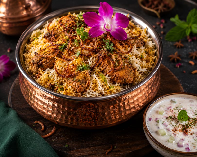 Chicken biryani in a copper pot, garnished with fried onions, cilantro, and a purple orchid.