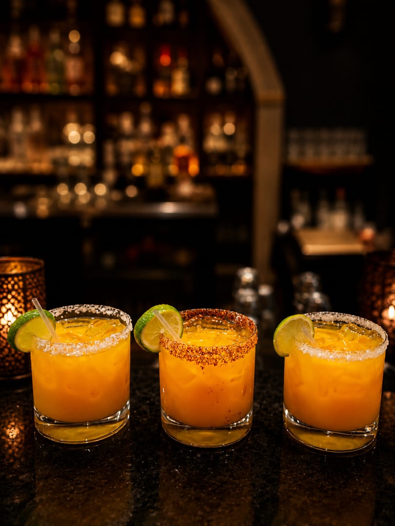 Three vibrant orange margaritas with lime wedges and salt/spice rims on a dark bar.