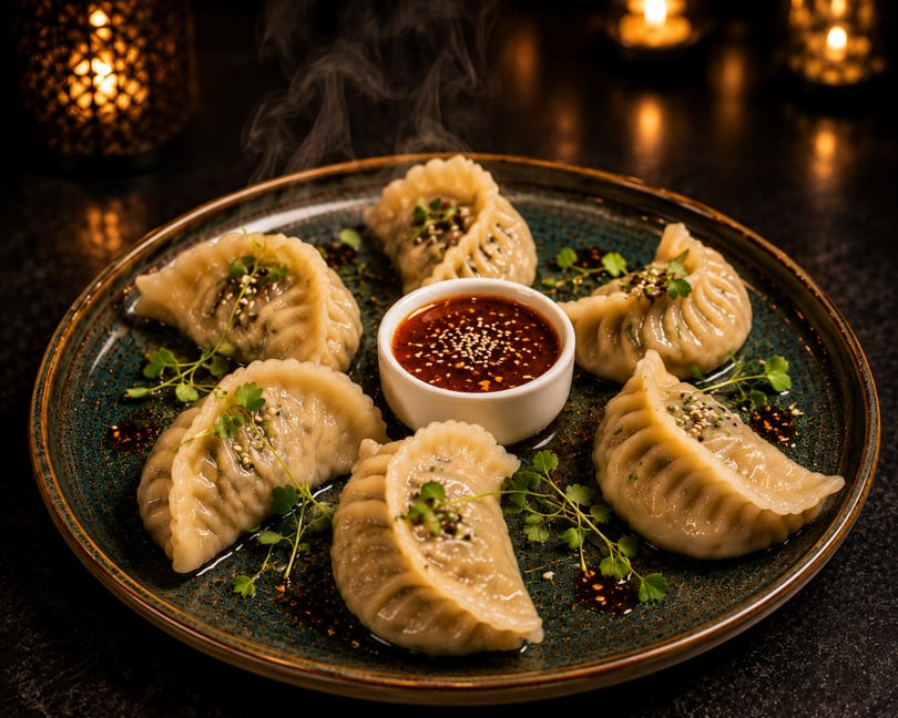 Steaming dumplings with chili oil and herbs on a dark plate, with warm candlelight in the background.